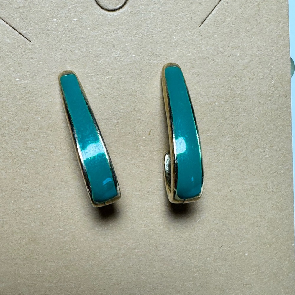Vintage Monet Teal Enamel Gold Tone J Hoop Earrings Pierced Post Backs